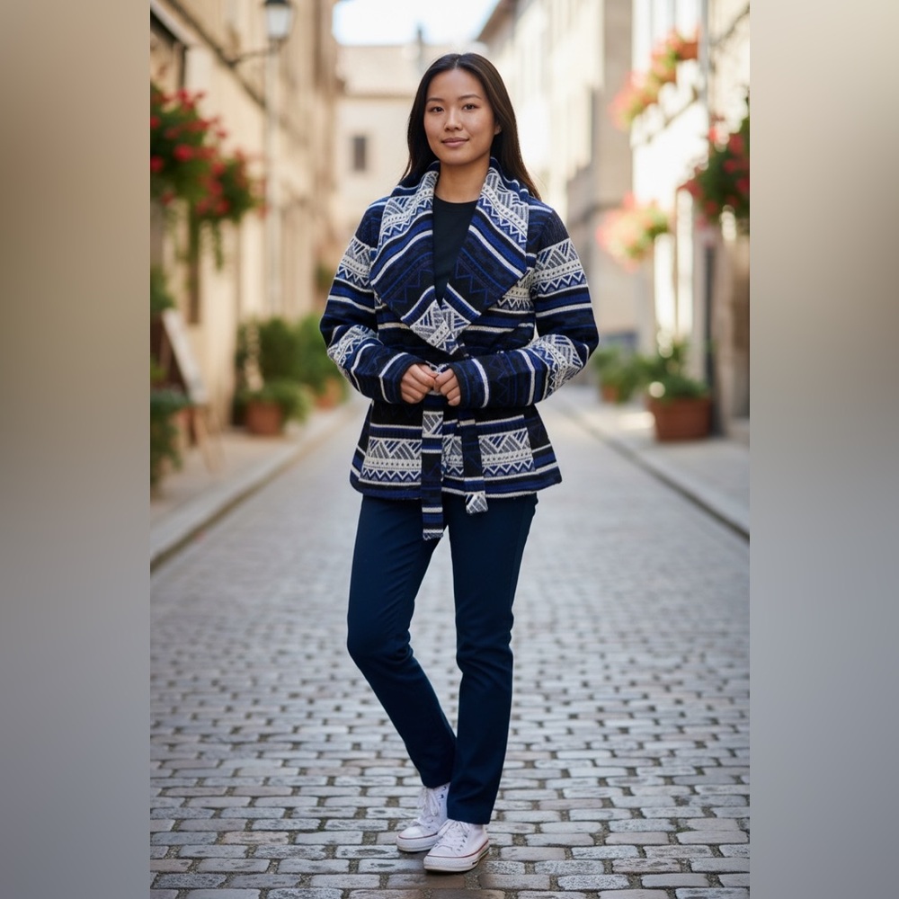 JACK by BB Dakota Geometric Knit Wrap Coat with Waist Tie - S
